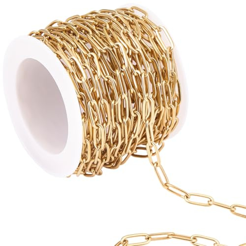 BEAMARKER 16.4 Feet/5M Real 18K Gold Plated Paperclip Chains Roll Stainless Steel 4.2mm Width Soldered Oval Link Cable Chains with Spool for DIY Women Jewelry Making Supplies Necklace Bracelet Crafts
