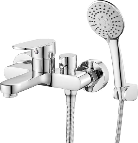 Rubinetto Doccia Esterno a Muro Miscelatore Vasca con Doccetta a 3 Funzioni | Ottone Cromato, Inossidabile Rubinetto Bagno Monocomando Caldo/Freddo per Cucina Bagno, Kit Installazione Inclusa