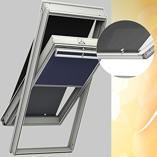 Original VELUX Hitzeschutz-Set Nacht Verdunkelungsrollo + Markise DOP MK10 1100 / Dunkelblau passgenau für GGL GPL GHL GTL MK10 mit Aluminium Führungsschienen // DOP MK10 1100S