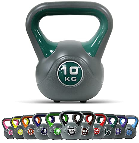 Kettlebell Kunststoff (10 kg - Grün) 2-20 kg inkl. Workout I Kugelhantel in versch. Farben und Gewichten I Bodenschonende Schwunghantel