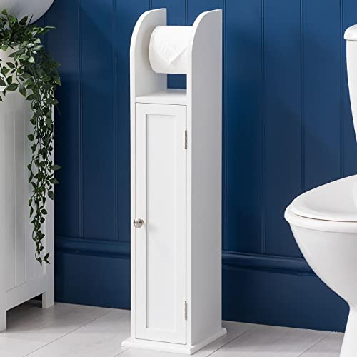 CHRISTOW Free Standing Toilet Roll Holder Cabinet, White | Space-Saving Toilet Roll Storage, Slimline Cupboard with Shelf, Holds 4 Toilet Rolls, Durable MDF, Fixings Included