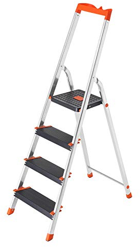 SONGMICS Leiter mit 4 Stufen, Aluleiter, 12 cm breite Stufen mit Riffelung, Anti-Rutsch-Füße, mit Handlauf, Werkzeugschale, bis 150 kg belastbar, schwarz-orange GLT04BK