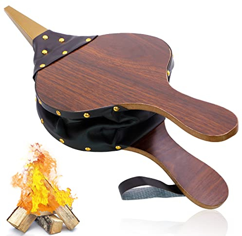 Wood Fireplace Bellows 17''x7.5'' with Hanging Leather Strap, Brown Air Bellower for Outdoor BBQ and Camping