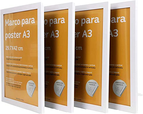 Nacnic Set di 4 cornici, colore BIANCO, dimensione A3 - (29.7x42 cm). Ideali sia da appendere alla parete che da appoggiare su scrivanie. Per incorniciare foto, disegni, attestati o diplomi.