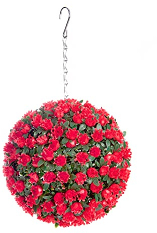 Best Artificial 23cm Rose Topiary Hanging Flower Ball **UV Fade Protected** (Red)