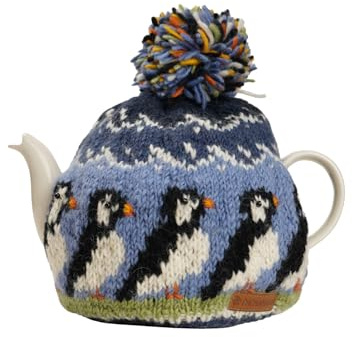 Pachamama Handknitted Medium 4-6 Cup 1.2L Wool Tea Cosy/Teapot Cover - Puffin Pattern Insulated Handmade Fair Trade Multicoloured