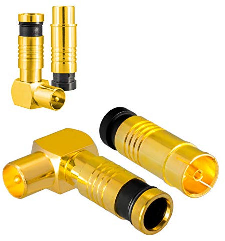 Set spina antenna 2X angolo spina 2X presa diritta per TV via cavo DVB-C / T2 radio TV IEC maschio + femmina connettore a compressione per cavo antenna Sistemi BK 90 ° gradi