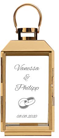 Casa Vivente Laterne aus goldfarbenen Edelstahl mit Gravur zur Hochzeit, Personalisiert mit Namen und Datum, Motiv Ringe, Geschenkidee für Paare