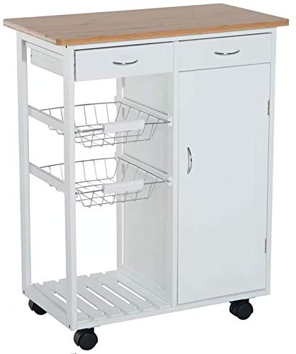 BAKAJI Carrello da Cucina in Legno con Ripiano Tagliere 2 Cassetti Portaposate e Capsule caffè 2 Ceste Portafrutta Metallo + Mobiletto con Anta 2 Mensole 4 Ruote Girevoli, Bianco, Unica(THC20313)