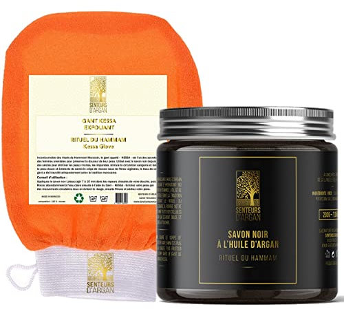 Guanto esfoliante corpo kessa + sapone nero all'olio di argan [in omaggio] Guanto kessa marocchino per hammam sauna, elimina la pelle morta e purifica la pelle.