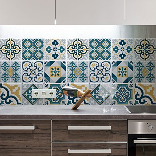 RE-COVERTILES - Adesivi Piastrelle Cucina Bagno Mattonelle adesive in PVC Impermeabili Antigraffio Stickers Decorazione Parete Cementine Peel and Stick - Modello 10 Pz 20x20 cm PS00105 Made in Italy