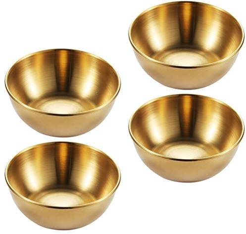 DOITOOL Lot de 4 mini bols ronds en acier inoxydable pour sauces, assaisonnement, sushis, ramequins et soucoupes, mini assiettes pour apéritif Doré