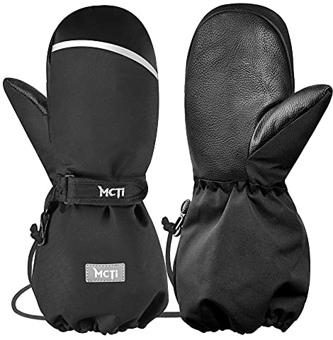 MCTi Kids Mittens Waterproof Winter Ski Warm Sherpa Lined Long Cuff with String (Black, XX-Small(Fits 5-7 Years))
