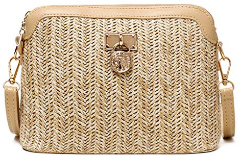 Women Fashion Handbag Shoulder Bag Ladies Summer Straw Woven Crossbody Tote Khaki