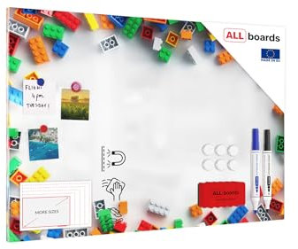 ALLboards Metallische Magnettafel BAUSTEINE 90x60cm MetalBoards Memoboard für jede Art von Magneten Magnetpinnwand zum Beschriften für das Kinderzimmer + 2 Marker, 6 Magnete, Schwamm im Lieferumfang