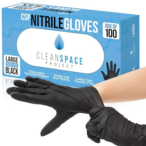CLEAN SPACE PROJECT Black Nitrile Gloves Disposable, Box of 100-5.5 Mil, Non Latex & Powder Free - For Cooking Prep, Cleaning, Mechanic Work, Tattoo, Barber & More - Food & Industrial Use (Large)