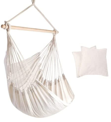 Hängesessel mit 2 Kissen und Holzstange. Hängesitz Aufhängung Hängematte bis 120 kg. Gartenmöbel, Sitzplatz, Terrasse, Raum. (130x100cm)