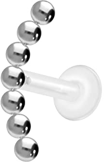 PIERCINGLINE PTFE Labret mit Gewinde Titan Aufsatz 7 KUGELN Piercing Lippe Nase Ohr Helix Tragus Medusa Silberfarben 1,2 x 10 mm