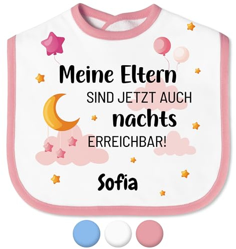 True Statements Baby Lätzchen „Eltern sind nachts erreichbar“ mit Namen personalisiert für Mädchen & Jungen - mit Klettverschluss – Spucktuch Latz Kinderlätzchen – Baby-Geschenke Taufgeschenke