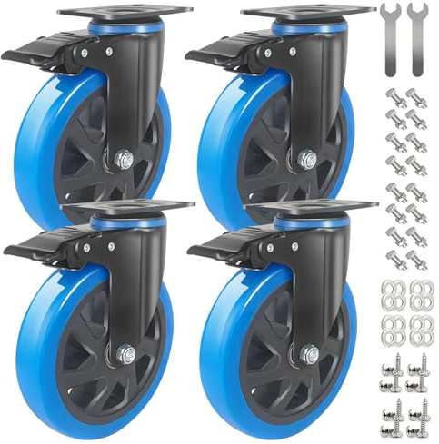 IQWTU Rotelle di carico pesanti, 150 mm, con freno, 4 pezzi, ruote girevoli per mobili, accessori di montaggio, ruote di trasporto fino a 1000 kg, ruote industriali con piastra per interni ed esterni