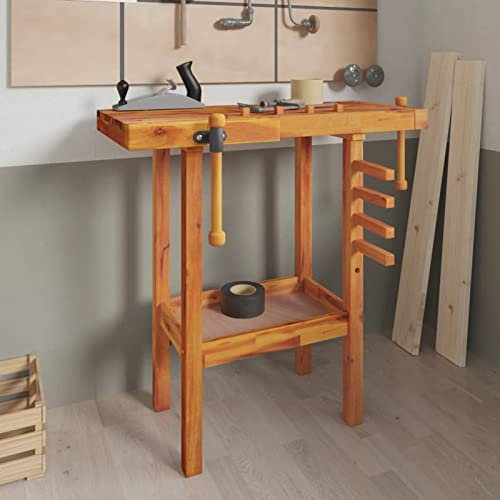 ZEYUAN Workbench with Vices 92x48x83 cm Solid Wood Acacia,Work Bench Garage Metal Storage Shelving DIY Tools Heavy Duty Workbench Table Workshop Shed