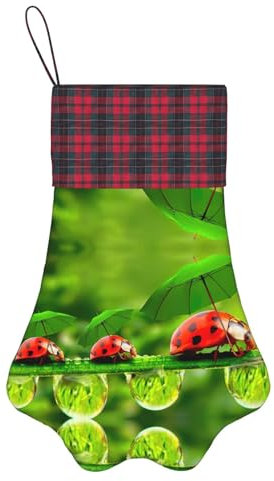 EdWal 45,7 cm karierte Haustierpfotenstrümpfe, lustiger Marienkäfer mit Regenschirmen, Druck, Weihnachtsstrumpf, Geschenk, für Weihnachten, hängende Dekoration