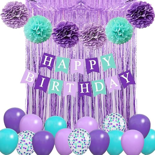 Lila Grün Geburtstag Dekorationen, lila blau Party Ballons alles Gute zum Geburtstag Banner türkis grün Fransen Vorhang Pompom für Mädchen Frauen Baby Dusche Party Dekoration