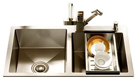 Aufsatz-Barwaschbecken mit ausziehbarem Wasserhahn, Edelstahl-Doppelbecken, 2-Loch-Aufsatz-Handgefertigtes Bar-Einbauwaschbecken (Farbe: Silber, Größe: 82 x 45 cm) (Silber 82 x 45 cm)