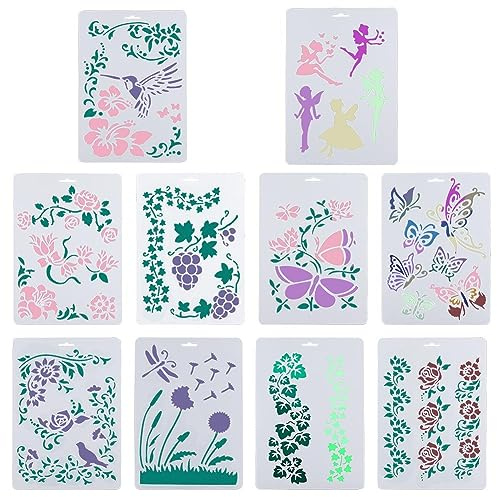 GORGECRAFT 10 Styles 31x21cm Plastic Painting Stencils Flower Butterfly Templates Plants Rose Hibiscus Leaf Dandelion Grapevine Ivy Vine Stencil Wall Border Reusable Signs for DIY Crafts A4 Scrapbook