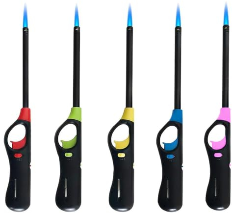Jet Flame BBQ Lighters - 5 Pack Windproof Child-Resistant Multipack Large Refillable Safety Gas Candle Fire Lighters for Barbecue, Stove, Kitchen Cooker, Hobs, Camping (Assorted Colors) - ANGIX
