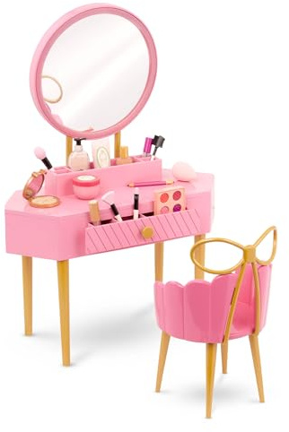 Our Generation Fabulous Fun Vanity Set Schminktisch mit Stuhl | Rosa Schminktisch mit Stuhl, Spiegel, Ablage, Fach und Schublade sowie Spiel-Make-up-Zubehör für Rollenspiel, 3+ Jahre