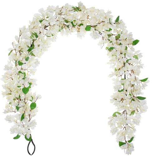 Künstliche Bougainvillea Girlande 180 cm – Weiße Kunstblumen Hängend Blumengirlande mit Haken – Dekoblumen für Hochzeitsdeko, Wanddeko, Balkon, Garten, Innen & Außen