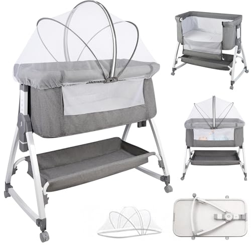 HUOLE Beistellbett, 2 in1 Baby Bett ab Geburt bis 25 kg, Zustellbett 6 Höhenverstellung, mit Matratze/Faltbare Seitenwand/Räder, Netzgewebe Kinderbett-80 * 40 * 100-115cm – Leinen