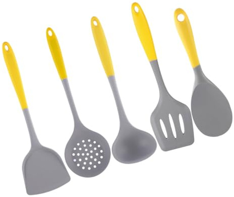 Ciieeo Juego De Utensilios De Cocina De Silicona 5 Piezas Cuchara Sopera, Cuchara Coladora y Pala Para Arroz, Resistentes Al Calor, Antideslizantes, Para Uso Doméstico y Camping