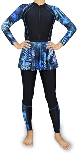 Musuly Burkini Nero Blu con Copertura Integrale e Comfort Superiore (Nero e Blu Floreale, 4XL=50)