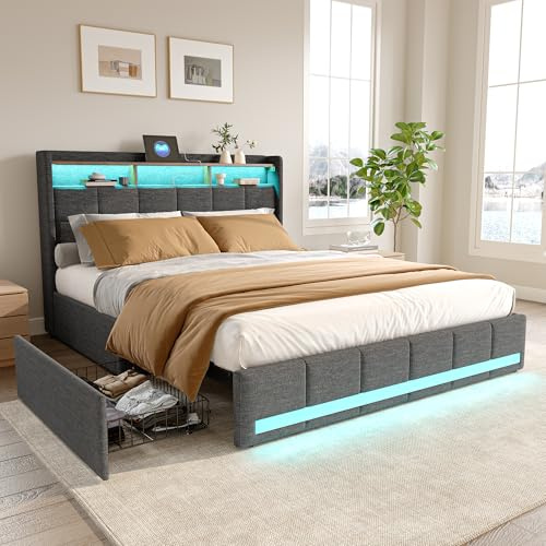 DGCZYXGL Schubladenbett Doppelbett mit LED Beleuchtung und USB-Ladefunktion - Bett für Erwachsene mit 4 Schubladen, Kopfteil mit Aufbewahrung, Lattenrost ohne Matratze, Leinen, Grau, 160x200 cm