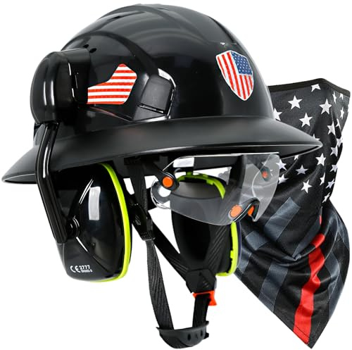 PerldVerge Full Brim Hard Hats Construction OSHA Approved with Visor and Ear Protection-Black Vented Hard Hat with Neck Gaiter and Hearing Protection,Safety Helmet Hard Hat with Chin Strap for Men