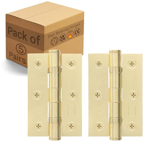 EAI Satin Brass Door Hinges, 76mm / 3 Inch, 5 Pairs Fire Rated | Internal Fire Door Hinges, Perfect for Wooden Doors, Smooth Operation, Ball Bearing Hinges, Fixings Included
