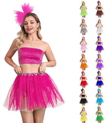 Tüllrock Schwarz Damen,Schokobons Kostüm, Damen Tüllrock Mit Schleifen-Stirnband Zweiteiliges, Elastische Hohe Taille Tütü Rock Ballettrock Petticoat Karneval Kostüm Faschingskostüm Fasching Karneval