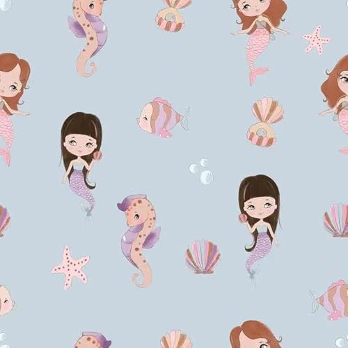 Kinder Tapete Little Mermaid, Meerjungfrau und Meerjungfrau Kreaturen Muster Blau Hintergrund