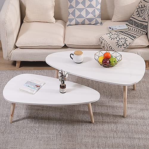 OHMG Lot de 2 Table Basse gigognes Gaia laquées scandinave,Table de Salon Moderne Minimaliste d'Appoint,avec Pieds en Bois de Pin,Balcon