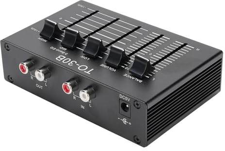 Préampe Phono Eq 2 Canaux Égaliseur de Son Numérique avec égaliseur de 3 Groupes, Préamplificateur avec Triple, Milieu, Basse, Adaptateur CC 5V pour Les Lecteurs et Platines