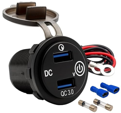 Offgridtec Billaddningsadapter med dubbla USB-uttag 12 V/24 V USB-A-portar (18 W vardera), digital spänning, ON/OFF-omkopplare, robust ABS, för bilar, lastbilar och off-grid-system