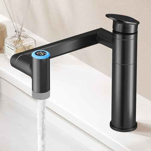KAIYING 1080° Drehbare Wasserhahn Badezimmer, 1-Loch (Schwarz) | Waschtischarmatur mit temperaturanzeige (batterielos). Höhenverstellbare waschtischarmaturen. 2 Modi waschbeckenarmatur bad.