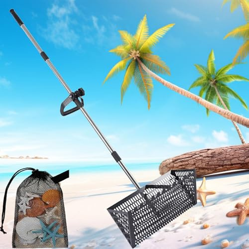 Comfybear - Rastrillo de arena largo con mango para pulgas de arena, colador de playa grande de acero inoxidable, tamiz de playa flotante, acero al carbono para tamiz (acero al carbono negro)