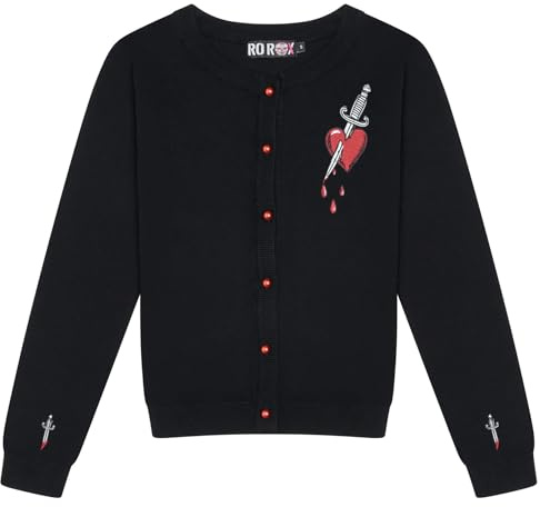 Ro Rox Heart & Dagger Cardigan Gothic Besticktes Langarm-Oberteil mit Knopfleiste
