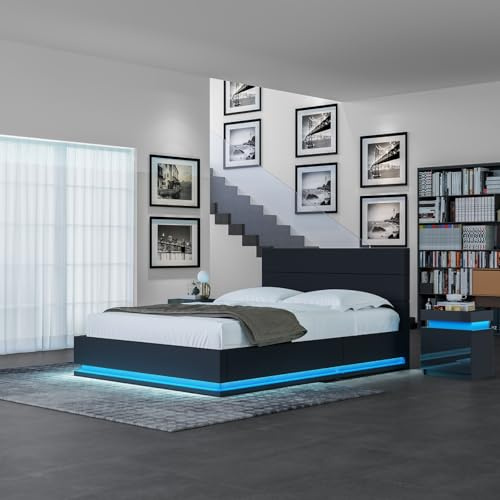 Komtopod Polsterbett Doppelbett 140x200cm mit Stauraum, Hydraulisch Bettgestell mit LED Beleuchtung, Doppelbettgestell Metallbett Gästebett aus Metall, für Schlafzimmer Gästezimmer (Schwarz)