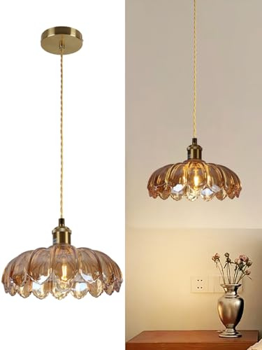 bomiel Pendelleuchte Glas Bernstein Vintage, Blumenform Ø25 cm, höhenverstellbar bis 150 cm, E27 Metall, Esszimmer Hängelampe aus Vintage Glas für Küche und Wohnzimmer (ohne Leuchtmittel)