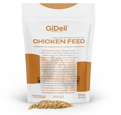 GiDeli Kycklingfoder 1 kg – lagmjöl, helfoder för kycklingar – fjäderfäkornsfoder för optimal läggningsprestanda och äggbildning – bästa acceptans och särskilt näringsrik – utan genteknik