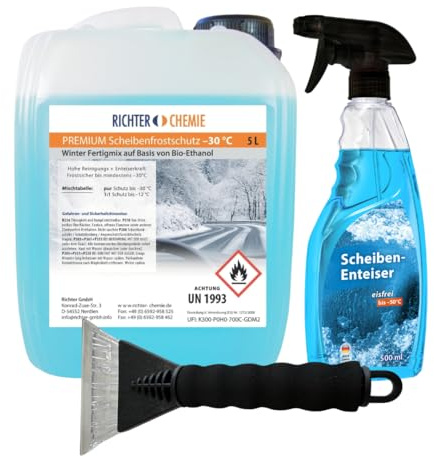 Richter Chemie Winter Auto Starter-Set, Frostschutz, Enteiser & Eiskratzer | Premium Scheibenfrostschutz -30°C 5L, Scheiben-Enteiser Spray 500ml, Premium Eiskratzer mit Soft-Griff